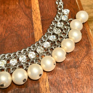 Vintage Rhinestone Faux Pearl Necklace Choker Collar Mid Century Retro Jewelry Gift 