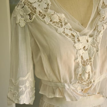 antique Edwardian 1900s white cotton & lace skirt set dress XS 