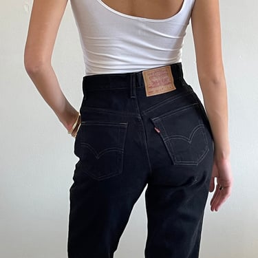 27 Levis 550 black jeans / new vintage ultra high waisted zipper fly very black tall tapered capsule wardrobe Levis 550 jeans USA | size 27 