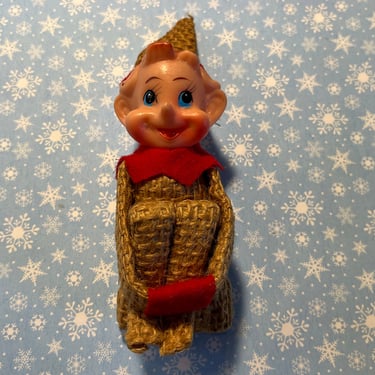 vintage pixie elf knee hugger Christmas burlap shelf elf knee hugging ornament 