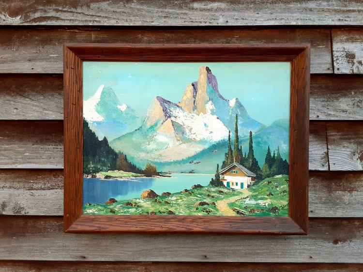 Vintage Swiss Alps Oil Painting By Mary A Johnson