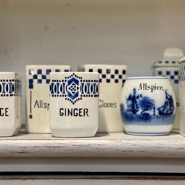 Antique Blue Stencil German Spice Jars | Blue White Kitchen | Modern Farmhouse | Spice Jars Shaker | Ginger Pepper Allspice Cloves Cinnamon 