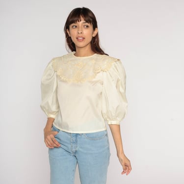 Puff Sleeve Blouse 80s Lace Bib Top Beige Victorian Shirt Retro Cottagecore Lolita Blouse Romantic Feminine Retro Vintage 1980s Small S 