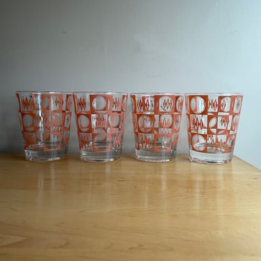 Vintage 1960s Whiskey Glass Set of 4 Barware Liquor Low Ball Tiki Atomic Island Barcloth Pattern Dots Fiji Bali Mid-Century 