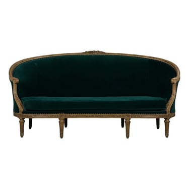19th Century French Louis XVI Style Painted Curved Settee W/ Dark Green Velvet 