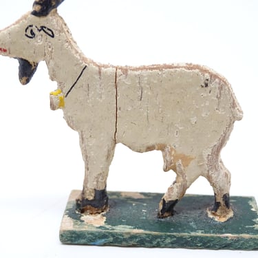 Antique German Wooden Goat on Wood Stand, Hand Painted Stand Up Farm Toy Animal for Christmas Putz or Nativity 