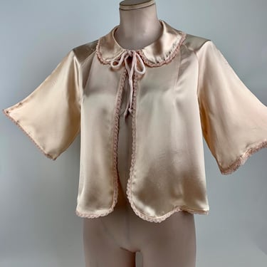 Vintage Cropped Bed Jacket - Champagne Colored Satin - Scalloped Lace Trim - Velvet Cord Closure - Size Small to Medium 