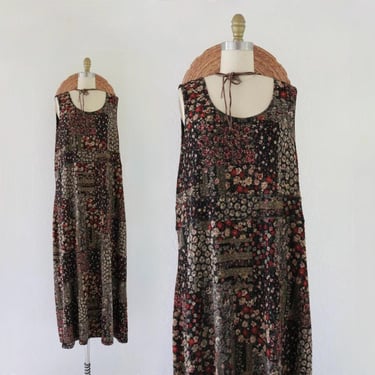 stretch knit maxi dress - xl - vintage 90s y2k patchwork floral black extra large sleeveless long fall 