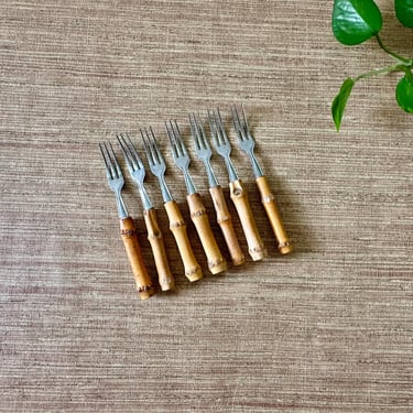 Vintage Bamboo Appetizer Forks - Stainless Steel Japan - Set of 7 