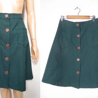 Vintage 70s Button Front A Line Polyester Dark Green Midi Skirt Union Label Made In USA Size 27 Waist 