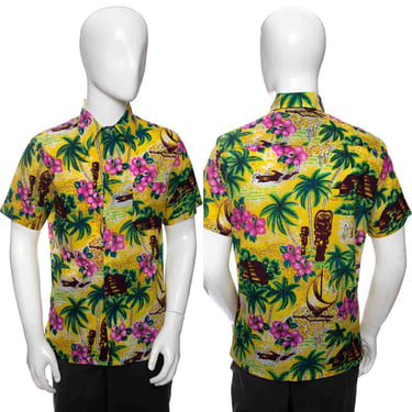 1960's Aloha Yellow Hawaiian Print Button Down Tiki Shirt Size L