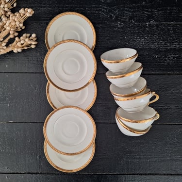 Art Deco Coffee Set of 6 Cups and Saucers White Porcelain with Gold Edging and Handle Limoges China Coffee Cup and Saucer 