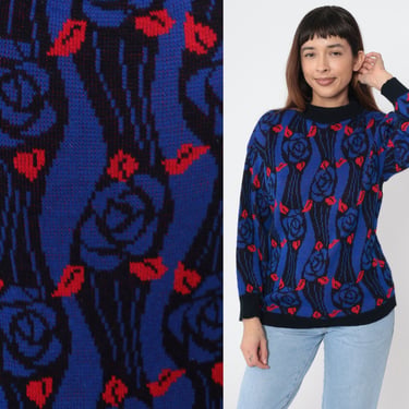 Blue Floral Sweater 80s Graphic All Over Print Black Ringer | Shop 