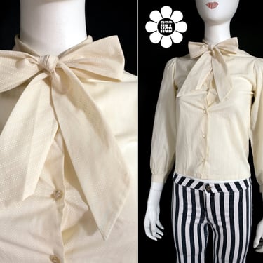 Cute Vintage 60s 70s Very Slightly Off-White White Pussybow Blouse with Tiny Dots 