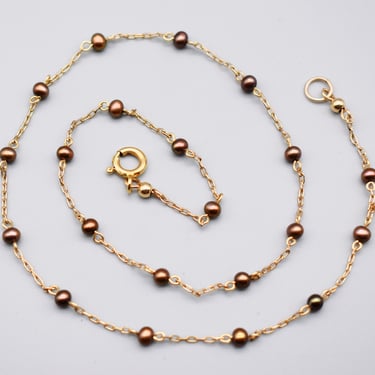 60's 14k GF metal & pearls choker, dainty dyed copper pearls gold filled paper clip chain necklace 