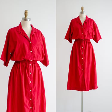red cotton dress 80s vintage fit and flare shirtwaist midi dress 