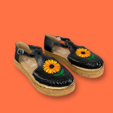 Groovy Sunflower Platform Leather Mexican Huarache Sandals 8 