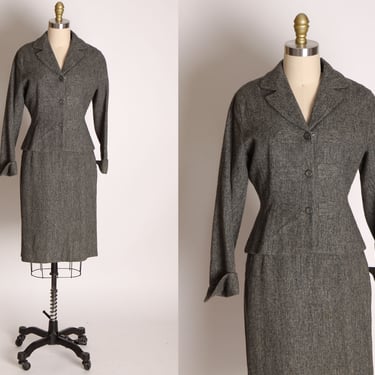 1940s Gray and Light Gray Striped Wool Long Sleeve Tailored Jacket with Matching Pencil Skirt Suit -S 