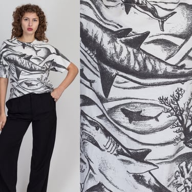 90s All Over Print Shark Graphic T Shirt - Unisex Large | Vintage Black & White Sea Creature Tee 