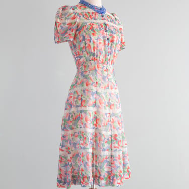 Lovely 1930's Georgiana Frock Floral Print Cotton Voile Dress With Buttons And Puff Sleeves / SM