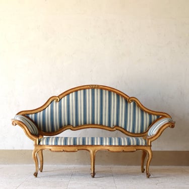 18th C. Italian Painted & Giltwood Bench Upholstered in Pierre Frey