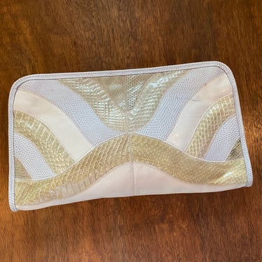 Vintage Cream And Beige Leather and Animal Skin Clutch Purse Neutral Tone Leather Handbag 