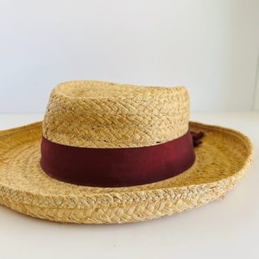Fiesta Santa Barbara Oversized Wide Brim Straw Wicker Hat with Maroon Band 