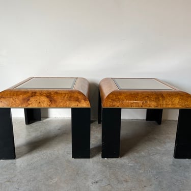 Mid-Century Burlwood and Smoked Glass Side Tables - a Pair 