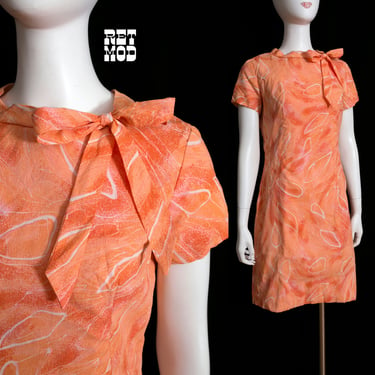 Cute Vintage 60s Peach Orange Abstract Patterned Dress with Neck Bow 
