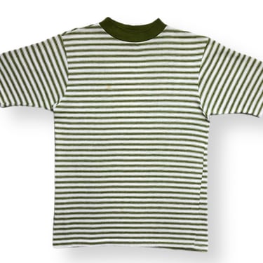 Vintage 60s Sears Roebuck & Co The Put On Shop Green Striped Perma-Prest Poly/Cotton T-Shirt Size Medium 