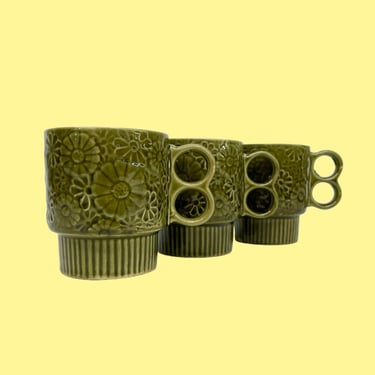 Vintage Mug Set Retro 1960s Mid Century Modern + Ceramic + Floral Print + Green + Set of 3 + Stackable + Made in Japan + Kitchen Decor 