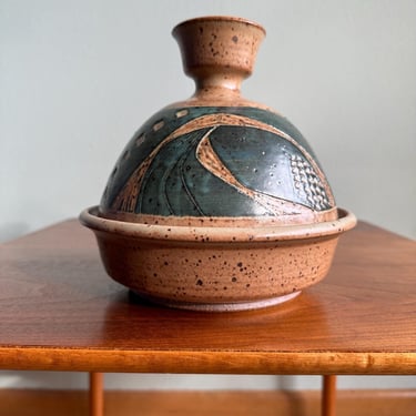 Midcentury Joel Edwards covered dish / gorgeous ceramic lidded bowl with abstract design / MCM California pottery 