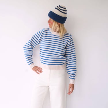 Vintage French Stripes Blue And White Knitted Sweater | Round Neck Striped Long Sleeve Sweater | Perfect Sailor Mariniere | Breton Sweater 