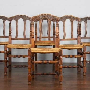 Antique Country French Provincial Oak Dining Chairs W Rush Seats - Set of 6 