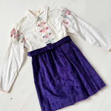 1970s Embroidered Minidress with Belted Purple Velveteen Skirt 
