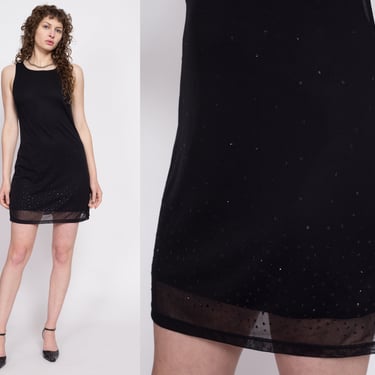 90s Black Sparkle Gradient Mini Dress - Medium | Vintage Sleeveless Sheer Illusion Grunge Dress 