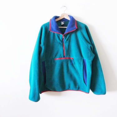 Vintage 90s Sierra Designs Colorblock Fleece Large - 1990s Half Zip Baggy Oversized Jacket Teal Green Blue Red - Hiking Outdoor Gorpcore 