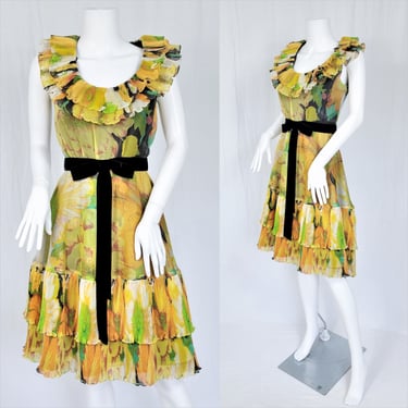 Fred Perlberg 1960's Yellow Floral Poly Chiffon Tiered Party Dress I Sz Med I Roger Milot 