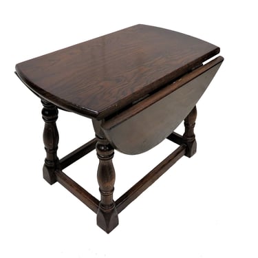 Small Side Table | Antique English Dark Oak Tudor Style Chairside Drop Leaf Accent Table 