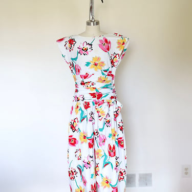 Vintage 1980s Boat Neck Hand Painted Flower Ruched Bow Dress