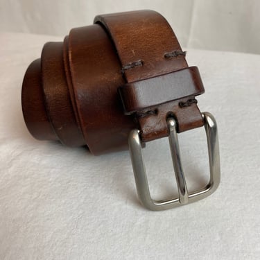 Basic brown leather belt~ semi distressed grunge rock silver tone buckle staple denim or trouser unisex style belt fits 33”-38” 