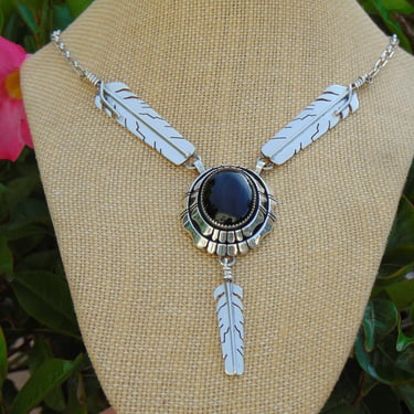 Gilbert Nelson ~ Navajo Sterling Silver and Black Onyx 20 Inch Feather Necklace - 51 Grams 