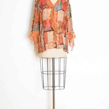 vintage 90s top CHICOS sheer silk patchwork ruffle blouse shirt hippie XL XXL clothing boho 