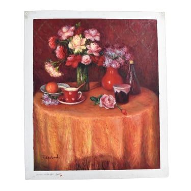 Impressionist Oil Painting Still Life of Flower Bouquet and Cups with Orange 