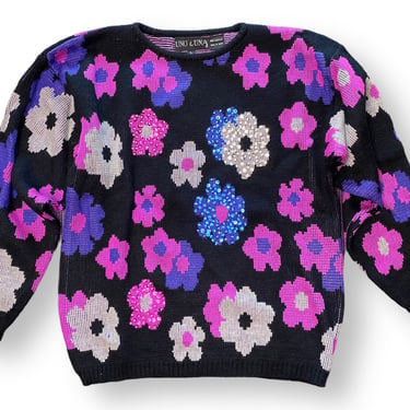 80’s Floral Sweater Black Pink Purple Beaded Knit Sweater M/L 