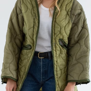 Vintage Green Liner Jacket | Unisex Wavy Quilted Nylon Coat | M | LI286 