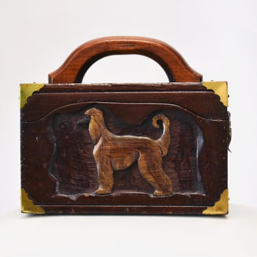 Vintage Dog Afghan Hound Wooden Box Bag Purse Hand Carved Afghan Hound Dog Wood Box Chest Bag Clutch 