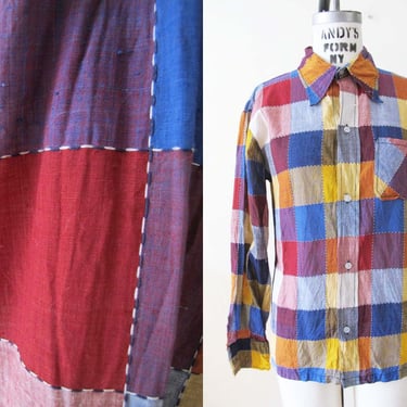 Vintage 60s Multicolor Patchwork Long Sleeve Button Up S - 1960s Madras Plaid Blue Yellow Purple  Indian Cotton Shirt 