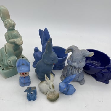 Blue Ceramic Bunny Rabbit Figural Collection 