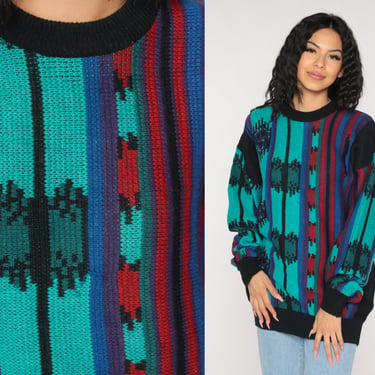 90s Sweater Striped Pullover Knit Sweater Turquoise Black Red Blue Abstract Geometric Print Statement Acrylic Vintage 1990s Extra Large xl 